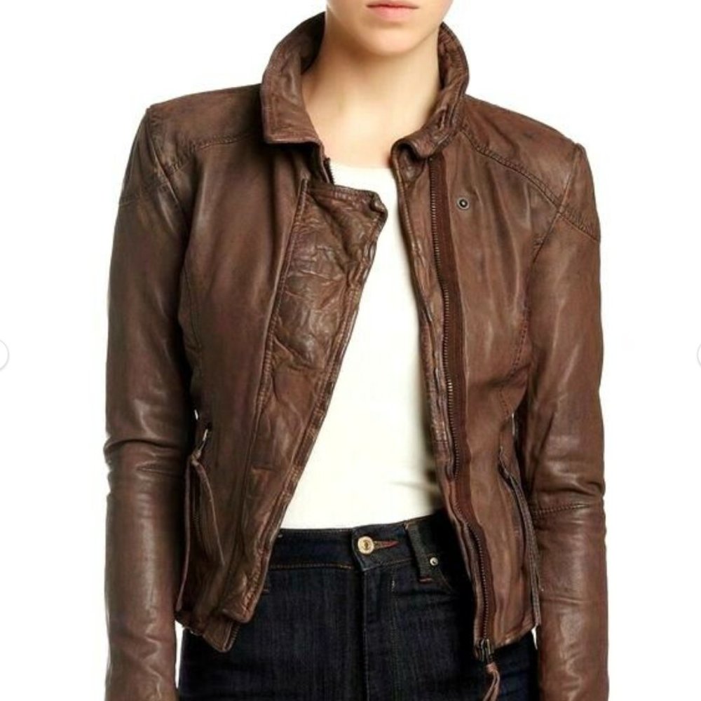 MUUBAA NEW $495 SZ 6 S SMALL BROWN LAMB LEATHER MOTO BIKER JACKET ZIPPER